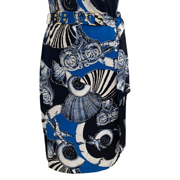 Cache Blue/Black Seashell Dress M Cap Sleeve Belted Elegant Stylish Summer Chic - Picture 6 of 12